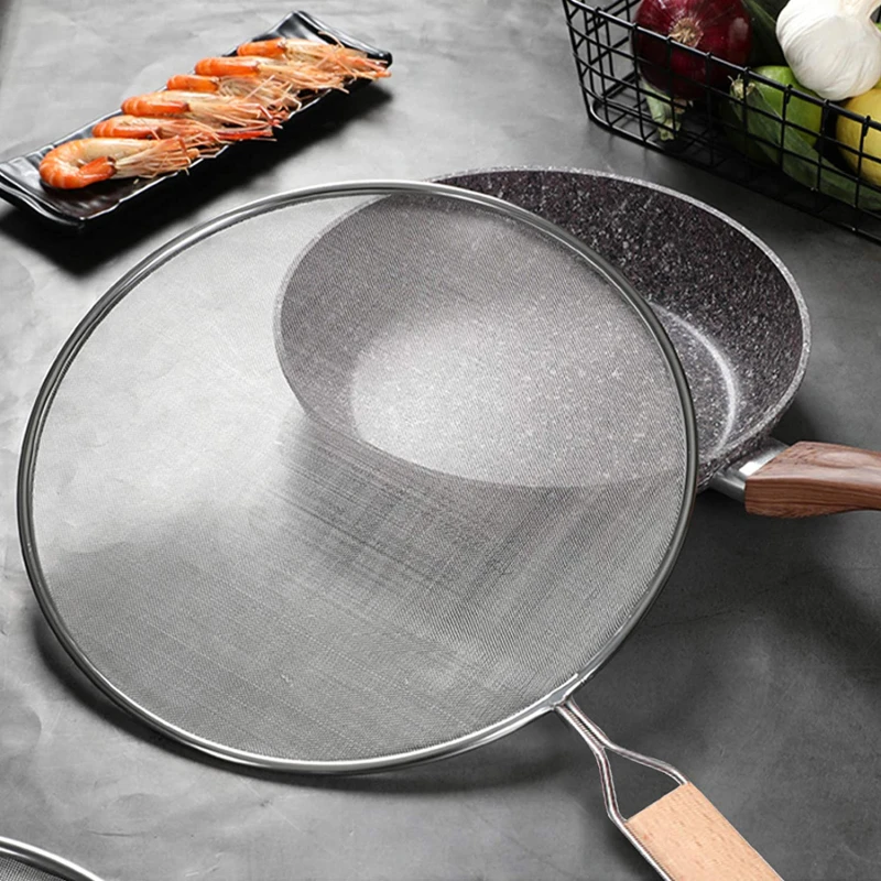 Stainless Splatter Screen Mesh Pot Cover Silver Oil Frying Pan Lid With Wooden Handle Cooking Kitchen Tools Accessories 2024