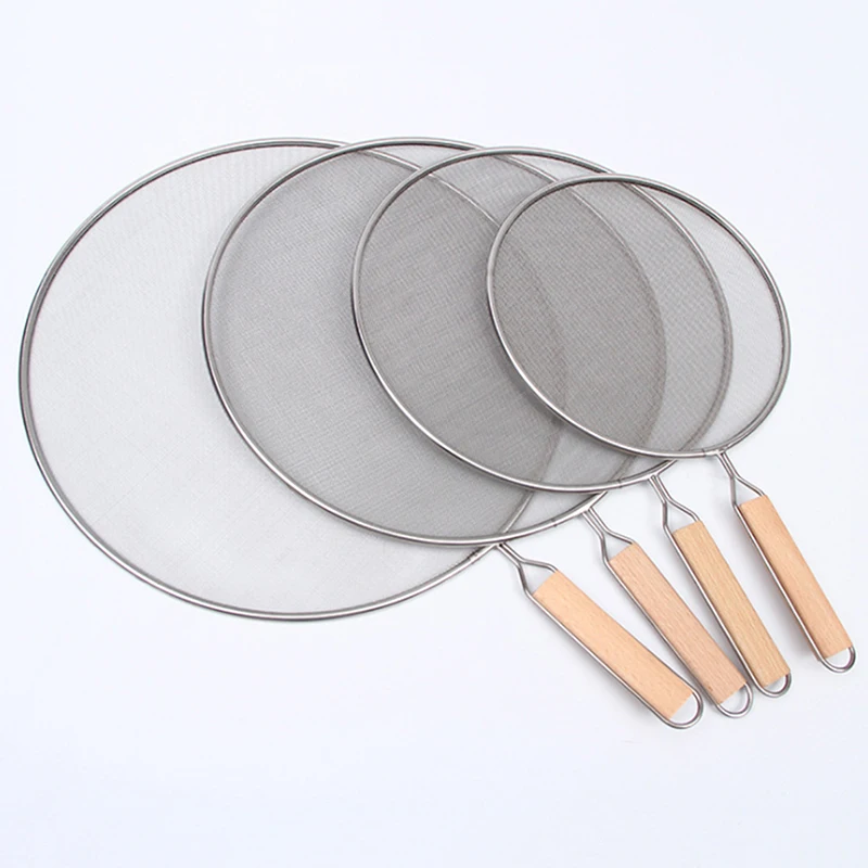 Stainless Splatter Screen Mesh Pot Cover Silver Oil Frying Pan Lid With Wooden Handle Cooking Kitchen Tools Accessories 2024
