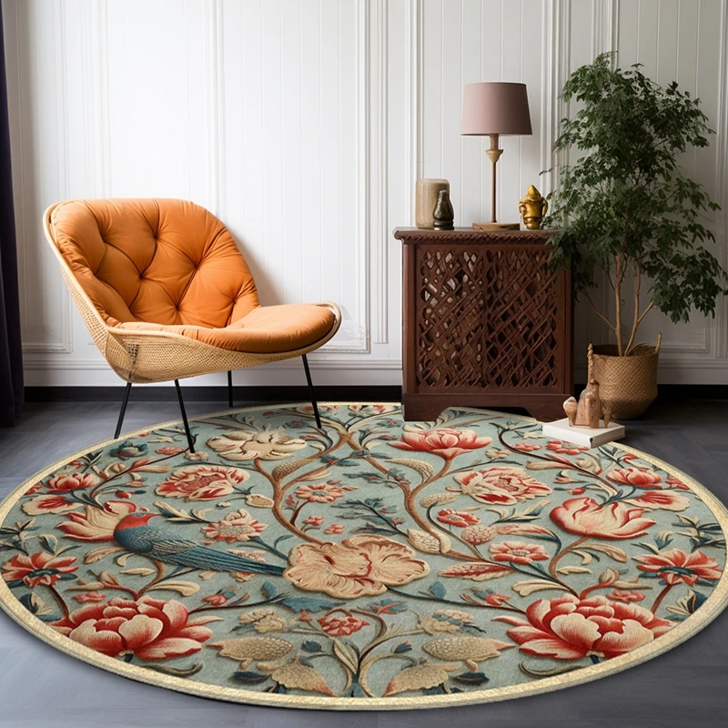 Retro American Pastoral Style Round Carpet Flowers and Birds Print Decor Area Rugs Study Room Computer Chair Non-Slip Floor Mat