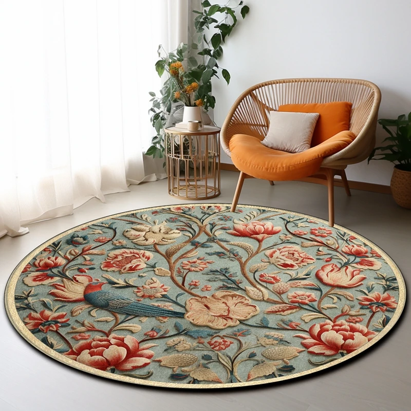 Retro American Pastoral Style Round Carpet Flowers and Birds Print Decor Area Rugs Study Room Computer Chair Non-Slip Floor Mat