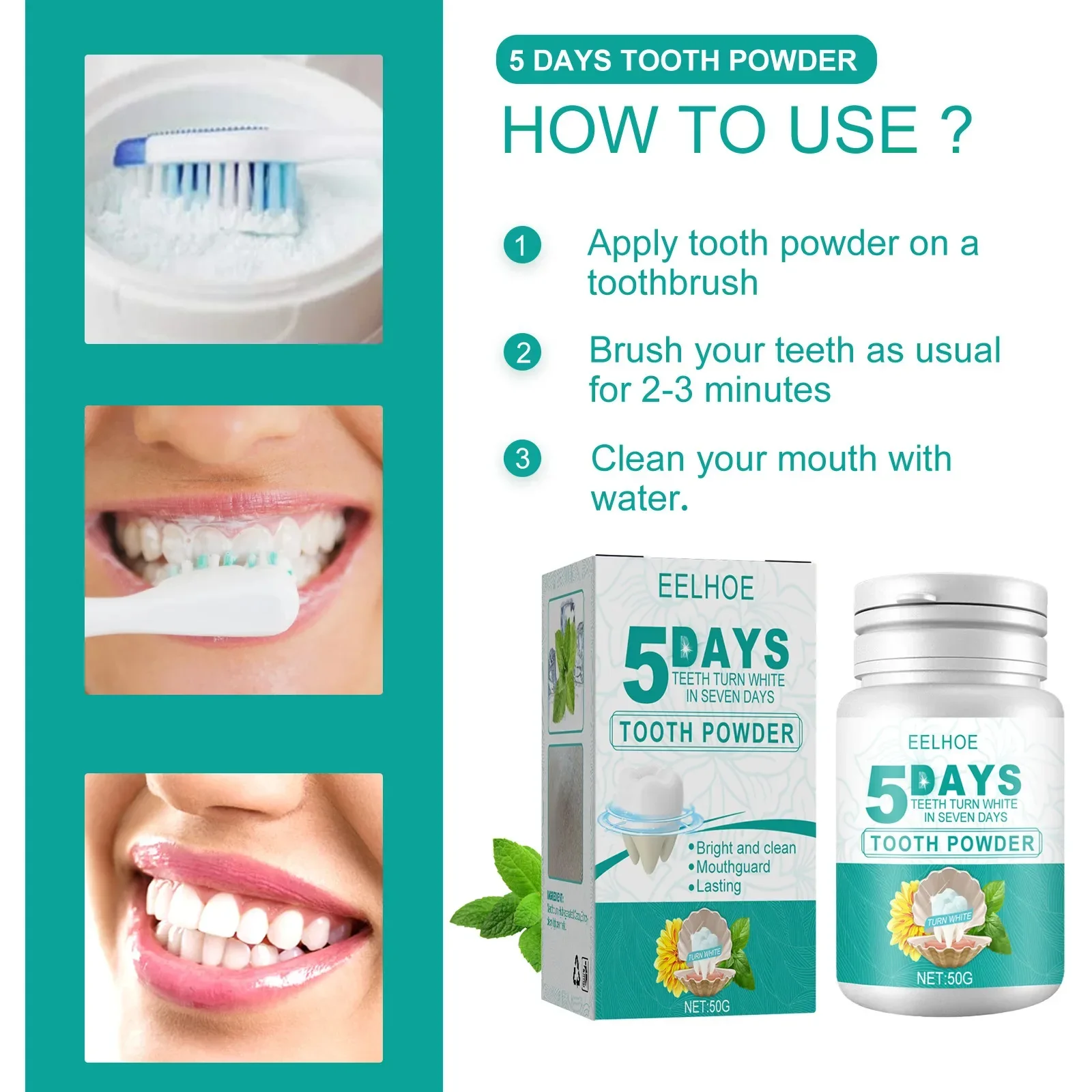 5 Days Teeth Whitening Toothpaste Remove Plaque Stains Powder Deep Cleaning Oral Hygiene Fresh Breath Brightening Tooth Care 50g