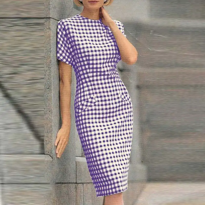 Women Elegant Knee-length Dress ZANZEA Fashion Plaid O-neck Short Sleeve Sheath Short Dress OL Checked Vestidos Slit Hem Robes