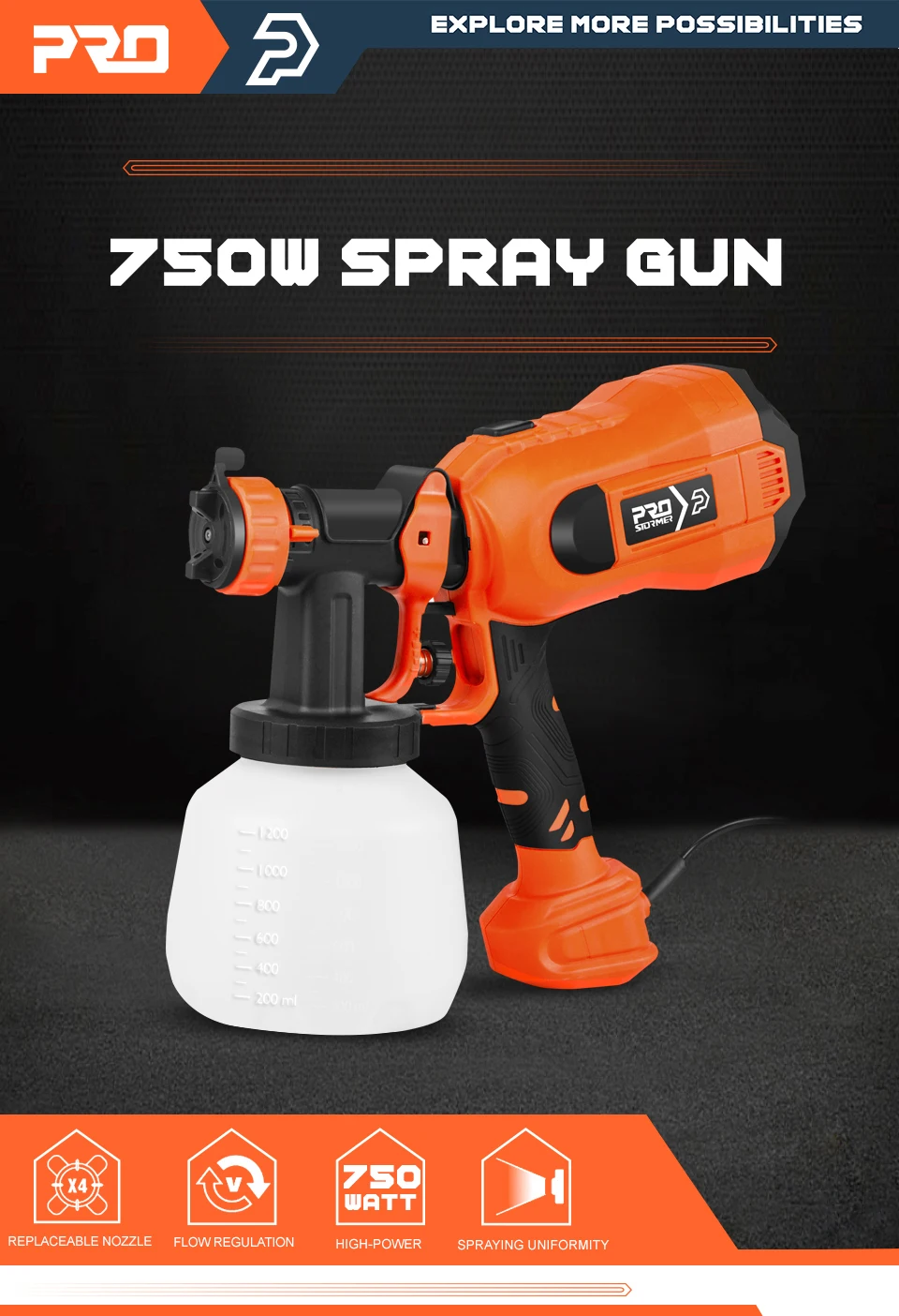 750W Electric Spray Gun 4 Nozzle Sizes 1200ml HVLP Household Paint Sprayer Flow Control Easy Spraying by PROSTORMER