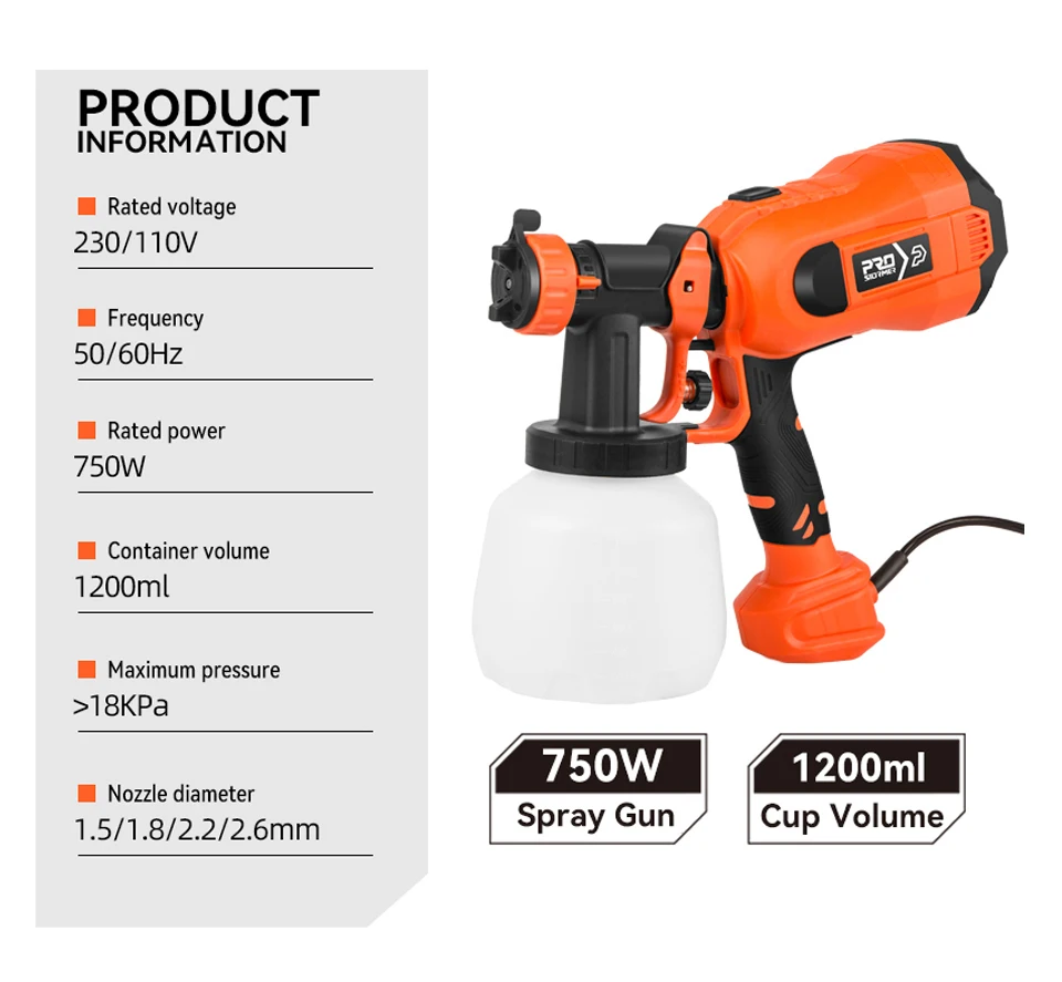 750W Electric Spray Gun 4 Nozzle Sizes 1200ml HVLP Household Paint Sprayer Flow Control Easy Spraying by PROSTORMER