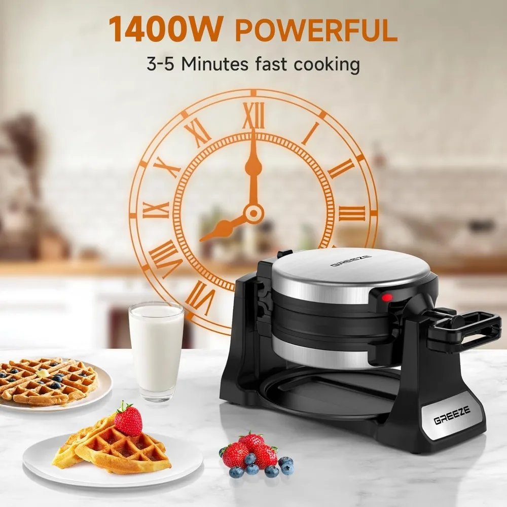 Waffle Maker, Double Belgian Waffle Maker 180°Flip, 1400W Waffle Iron 8 Slices, Rotating & Nonstick Plates with Removable Drip