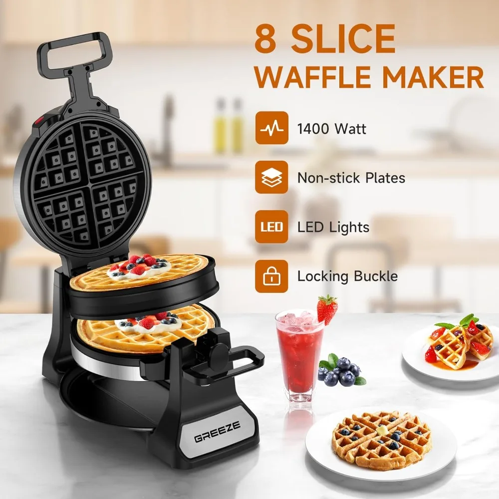 Waffle Maker, Double Belgian Waffle Maker 180°Flip, 1400W Waffle Iron 8 Slices, Rotating & Nonstick Plates with Removable Drip
