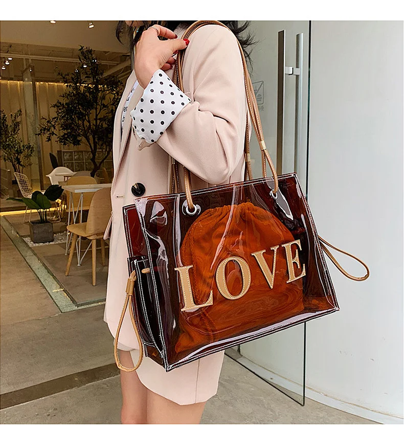 Women Fashion Transparent PVC Handbag Female Clear Brown Shoulder Bag LOVE Letter Printing Tote Bags Summer Beach Handbags XA813