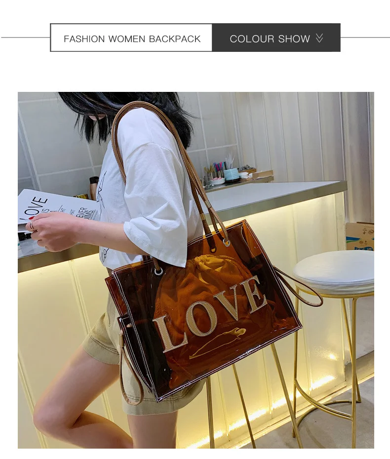 Women Fashion Transparent PVC Handbag Female Clear Brown Shoulder Bag LOVE Letter Printing Tote Bags Summer Beach Handbags XA813