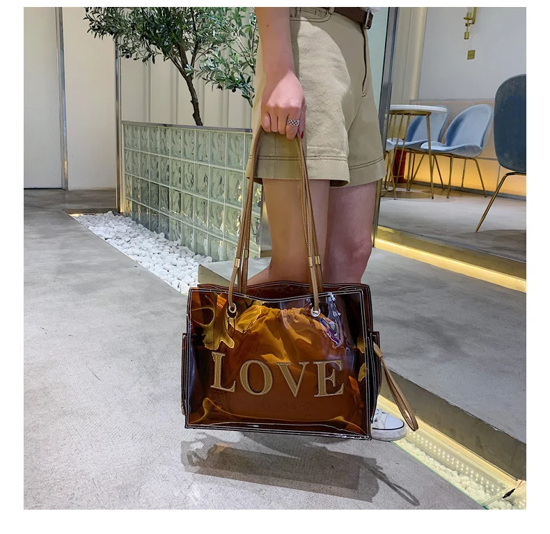 Women Fashion Transparent PVC Handbag Female Clear Brown Shoulder Bag LOVE Letter Printing Tote Bags Summer Beach Handbags XA813