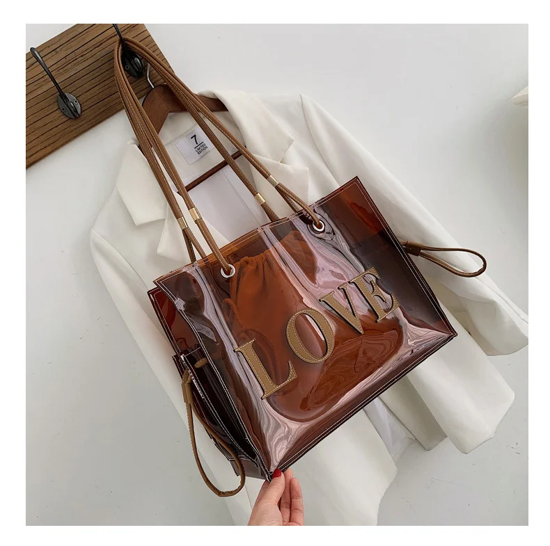 Women Fashion Transparent PVC Handbag Female Clear Brown Shoulder Bag LOVE Letter Printing Tote Bags Summer Beach Handbags XA813