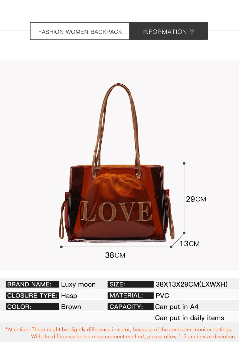 Women Fashion Transparent PVC Handbag Female Clear Brown Shoulder Bag LOVE Letter Printing Tote Bags Summer Beach Handbags XA813