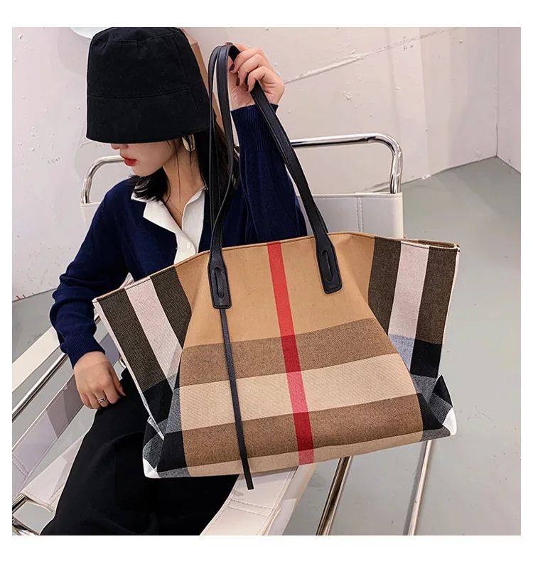 Large Capacity Women Handbag Fashion Stripe Canvas Leather Luxury Female Top Handle Bag Retro New Office Work Lady Shoulder Bag