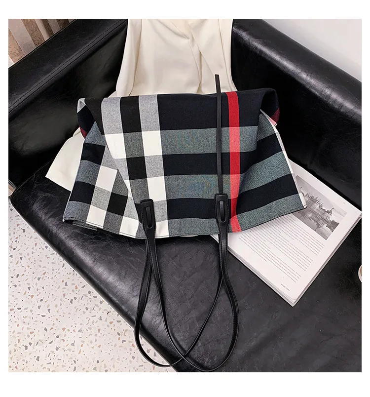 Large Capacity Women Handbag Fashion Stripe Canvas Leather Luxury Female Top Handle Bag Retro New Office Work Lady Shoulder Bag