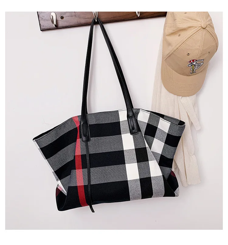 Large Capacity Women Handbag Fashion Stripe Canvas Leather Luxury Female Top Handle Bag Retro New Office Work Lady Shoulder Bag