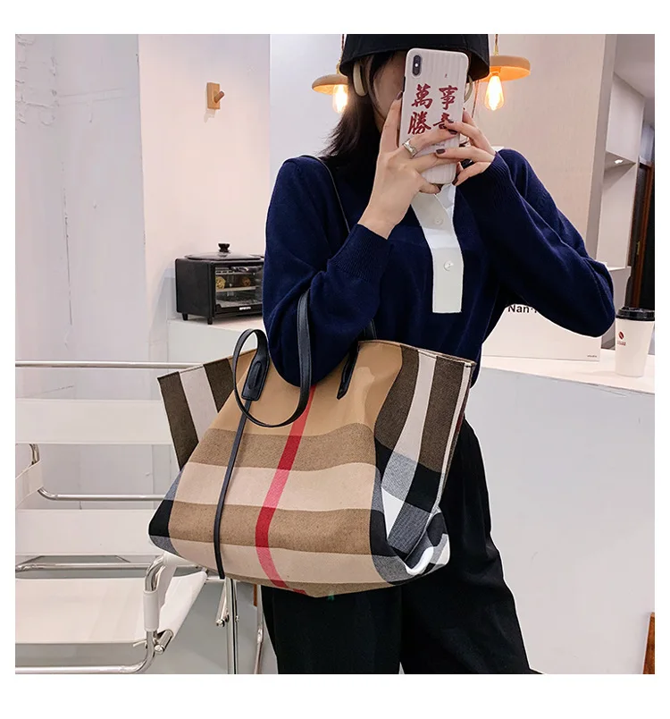 Large Capacity Women Handbag Fashion Stripe Canvas Leather Luxury Female Top Handle Bag Retro New Office Work Lady Shoulder Bag