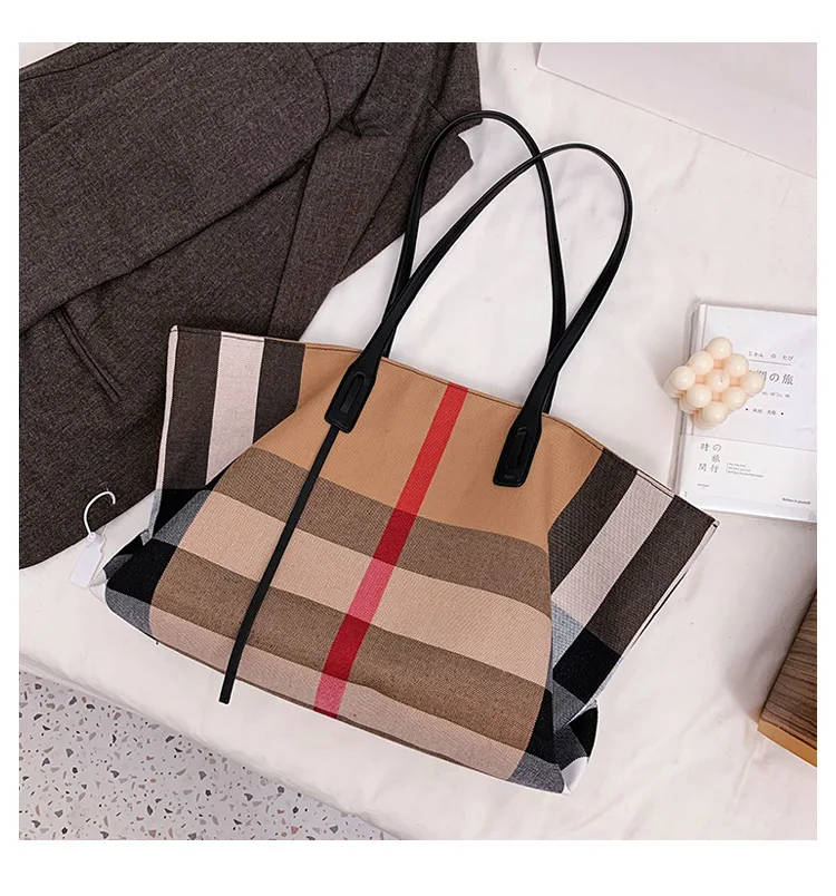 Large Capacity Women Handbag Fashion Stripe Canvas Leather Luxury Female Top Handle Bag Retro New Office Work Lady Shoulder Bag