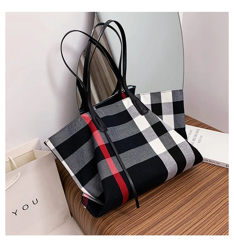 Large Capacity Women Handbag Fashion Stripe Canvas Leather Luxury Female Top Handle Bag Retro New Office Work Lady Shoulder Bag