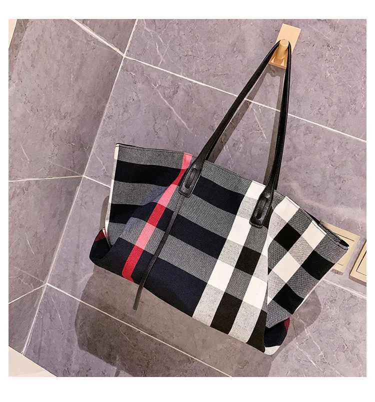 Large Capacity Women Handbag Fashion Stripe Canvas Leather Luxury Female Top Handle Bag Retro New Office Work Lady Shoulder Bag