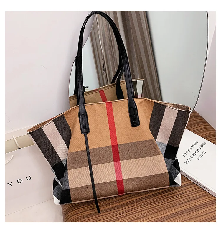 Large Capacity Women Handbag Fashion Stripe Canvas Leather Luxury Female Top Handle Bag Retro New Office Work Lady Shoulder Bag