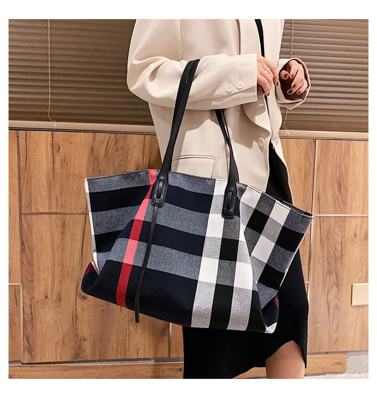 Large Capacity Women Handbag Fashion Stripe Canvas Leather Luxury Female Top Handle Bag Retro New Office Work Lady Shoulder Bag