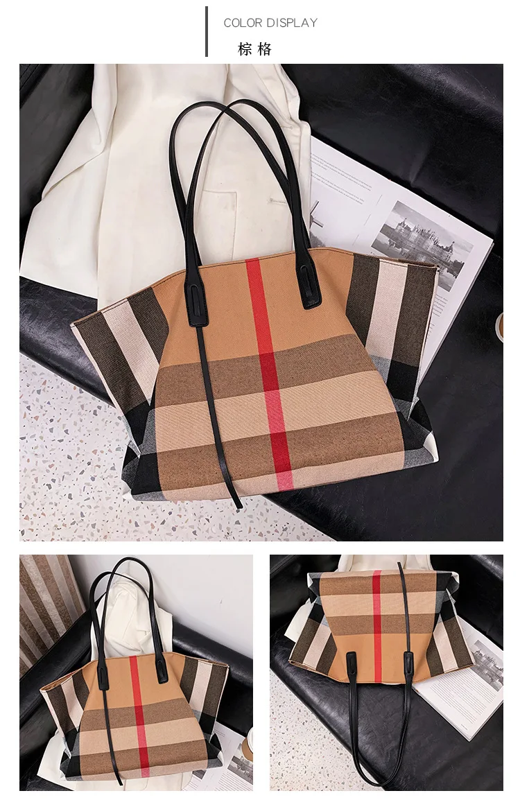 Large Capacity Women Handbag Fashion Stripe Canvas Leather Luxury Female Top Handle Bag Retro New Office Work Lady Shoulder Bag