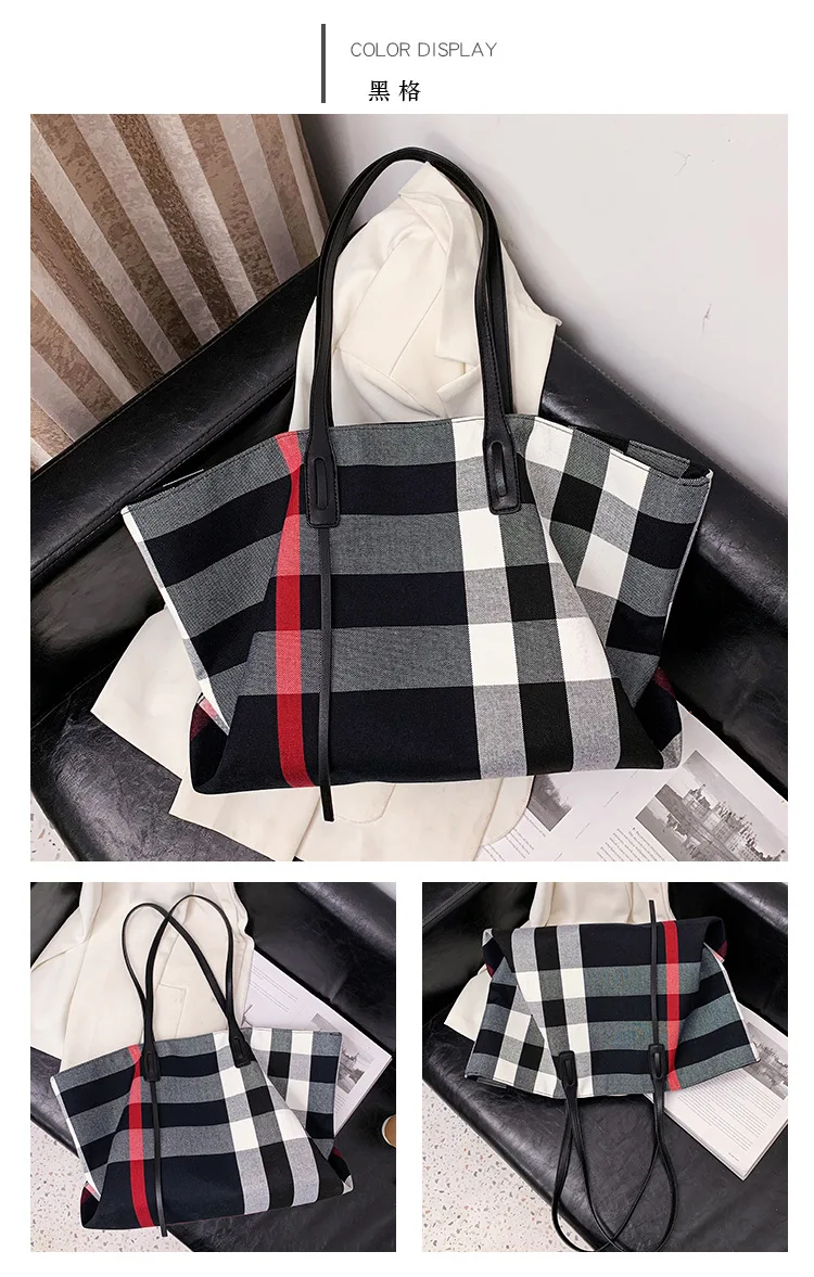 Large Capacity Women Handbag Fashion Stripe Canvas Leather Luxury Female Top Handle Bag Retro New Office Work Lady Shoulder Bag