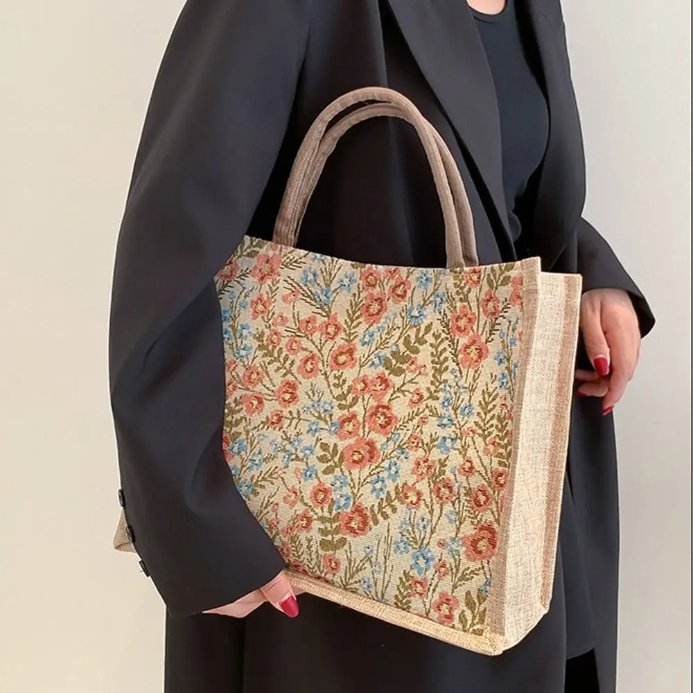 Women Flower Pattern Flax Tote Bag Larger Capacity Outdoor Handbag Casual Lunch Bag, Daily USE Bag