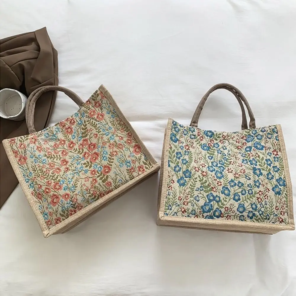 Women Flower Pattern Flax Tote Bag Larger Capacity Outdoor Handbag Casual Lunch Bag, Daily USE Bag