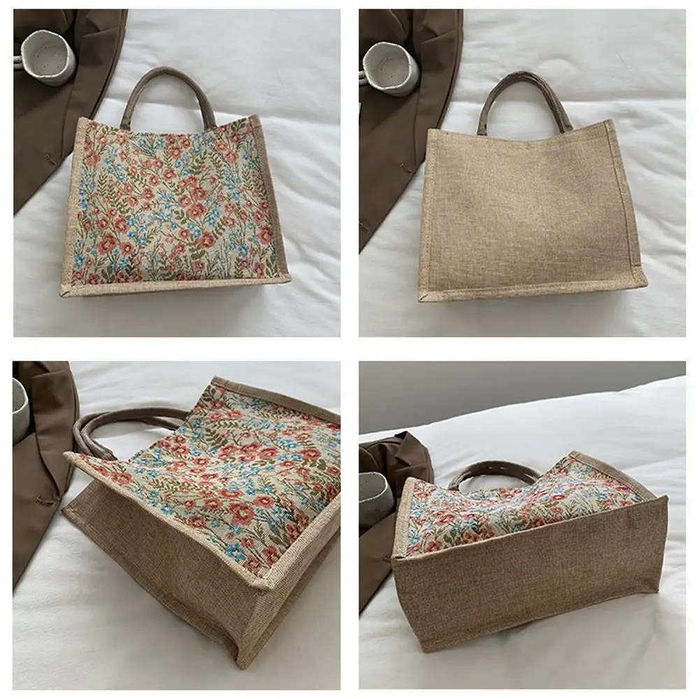 Women Flower Pattern Flax Tote Bag Larger Capacity Outdoor Handbag Casual Lunch Bag, Daily USE Bag