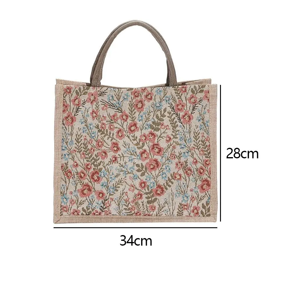 Women Flower Pattern Flax Tote Bag Larger Capacity Outdoor Handbag Casual Lunch Bag, Daily USE Bag