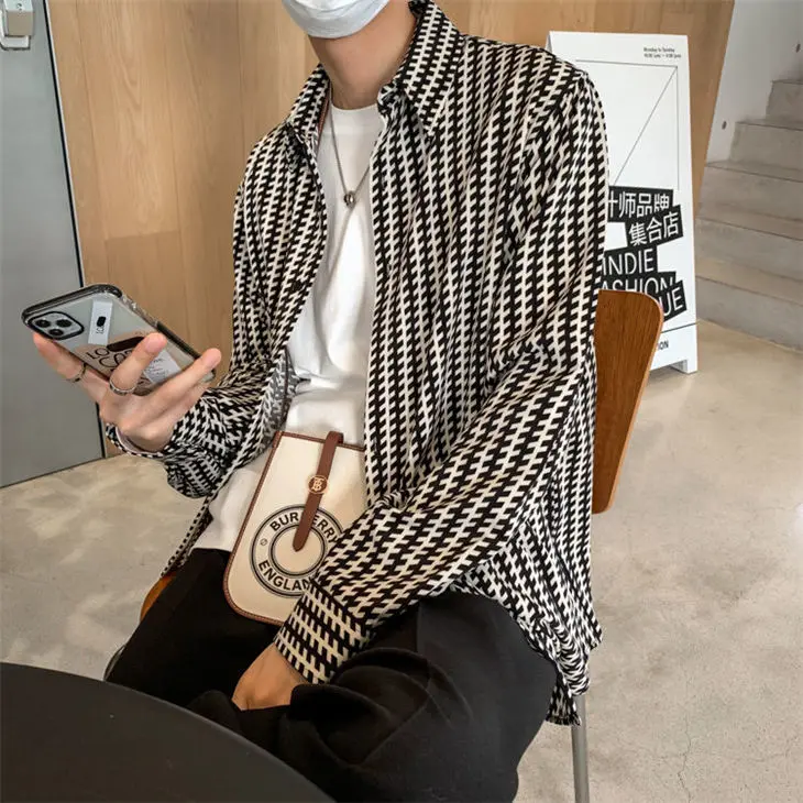 Casual Young Style Fashion Office Lady Straight Plaid Printing Shirts Button Men's Clothing Turn-down Collar Man Spring Summer