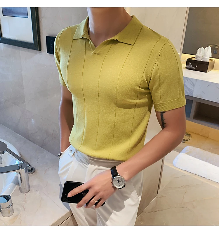 British Style POLO Shirts Men Knitting Short Sleeve Shirts Solid Color Lapel Business Casual Top 2021 Summer Social Clothing