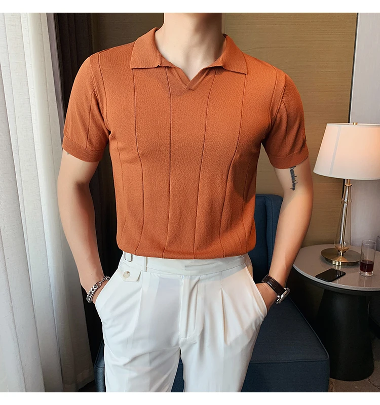 British Style POLO Shirts Men Knitting Short Sleeve Shirts Solid Color Lapel Business Casual Top 2021 Summer Social Clothing