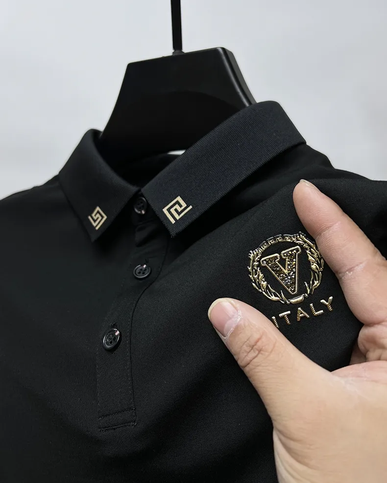 High end brand ice silk short sleeve T-shirt men's lapel 2023 summer trend hot drilling exquisite embroidery casual polo shirt