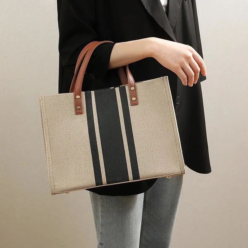 Simple Canvas Stripe Decor Bucket Handbags Women Top Handle Tote Bag Large Capacity Casual Shoulder Crossbody Bags