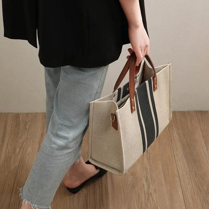 Simple Canvas Stripe Decor Bucket Handbags Women Top Handle Tote Bag Large Capacity Casual Shoulder Crossbody Bags