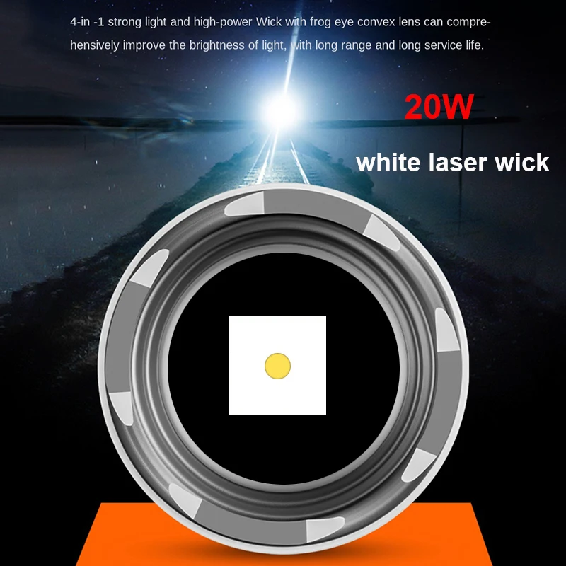 Super Bright Solar Charging Flashlight 20W White Laser Wick UV Light 18650 Battery Power Bank telescopic zoom Tactical Torch