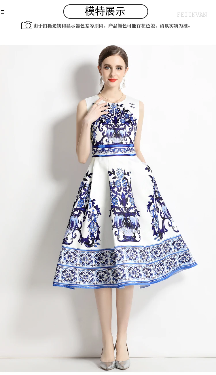 Summer Vintage Blue And White Porcelain Dresses Women's Sleeveless O Neck Tank Flower Print Vest Midi Long Party Vestidos