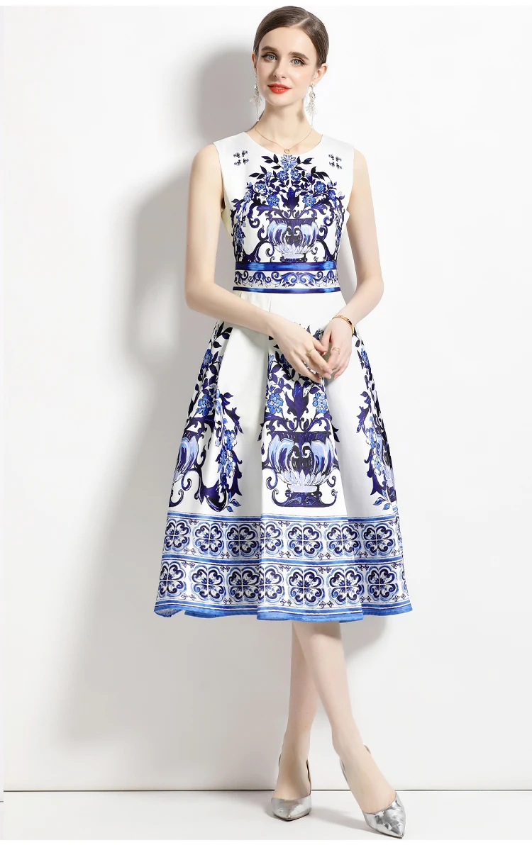 Summer Vintage Blue And White Porcelain Dresses Women's Sleeveless O Neck Tank Flower Print Vest Midi Long Party Vestidos