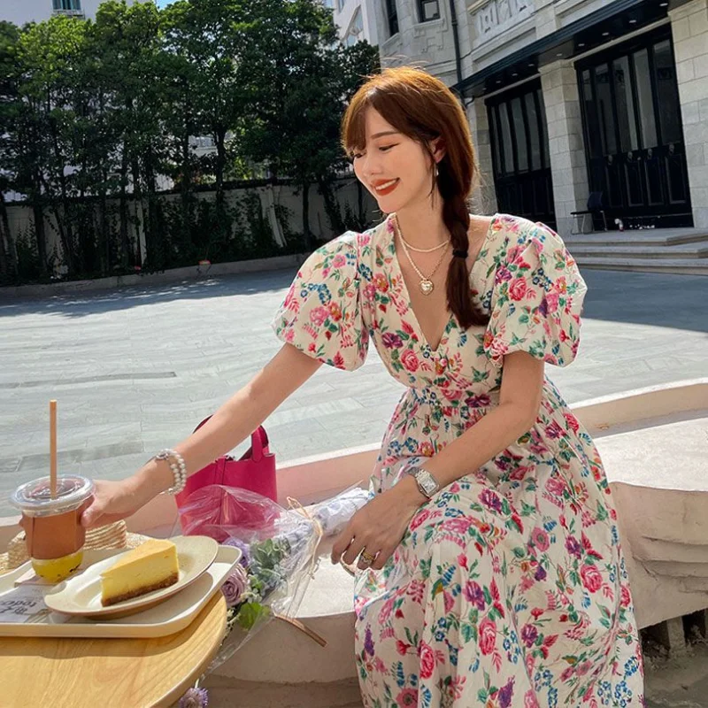 Women Dresses Floral Puff Sleeve Vintage Sweet Elegant Spring Summer Vestidos Korean Fashion Robe Femme A-line