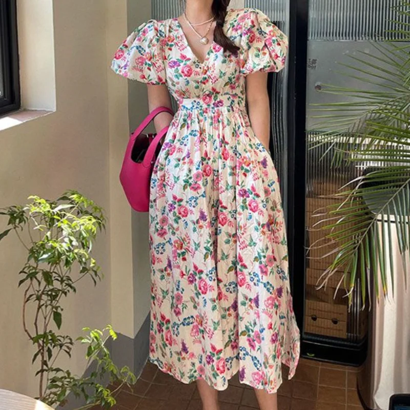 Women Dresses Floral Puff Sleeve Vintage Sweet Elegant Spring Summer Vestidos Korean Fashion Robe Femme A-line