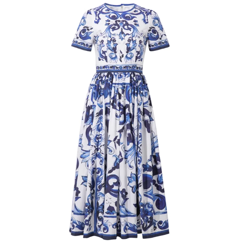 Merchall Vintage Blue And White Porcelain Flower Retro Print Midi Dress Women Short Sleeve High Waist Slim Vacation Dresses