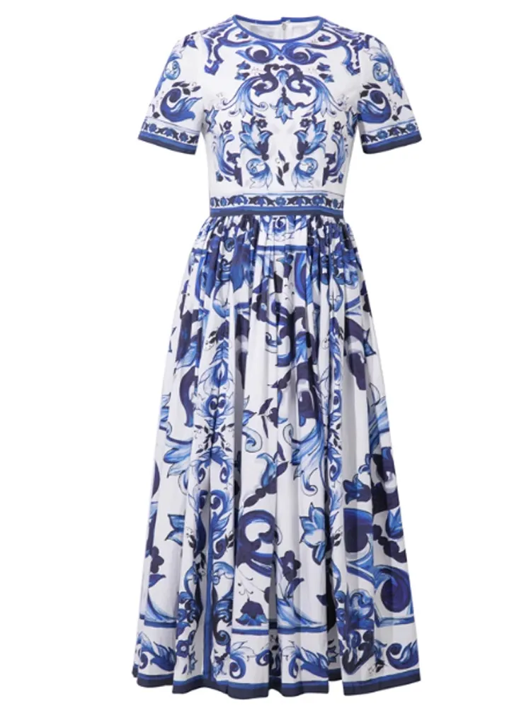 Merchall Vintage Blue And White Porcelain Flower Retro Print Midi Dress Women Short Sleeve High Waist Slim Vacation Dresses