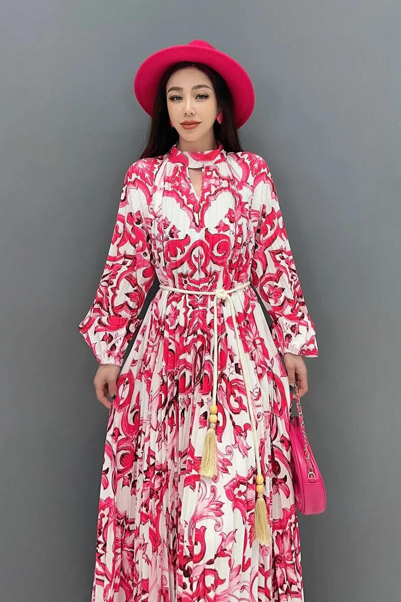 Spring 2024 Elegance Printed Dress For Women Folds Design Loose Chic Full Sleeve A-line Vestido  New Female Robe R9403