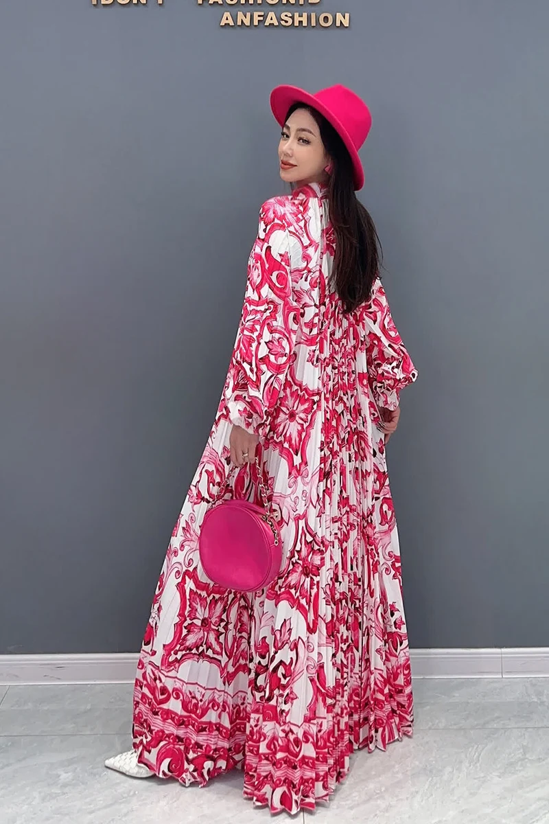 Spring 2024 Elegance Printed Dress For Women Folds Design Loose Chic Full Sleeve A-line Vestido  New Female Robe R9403