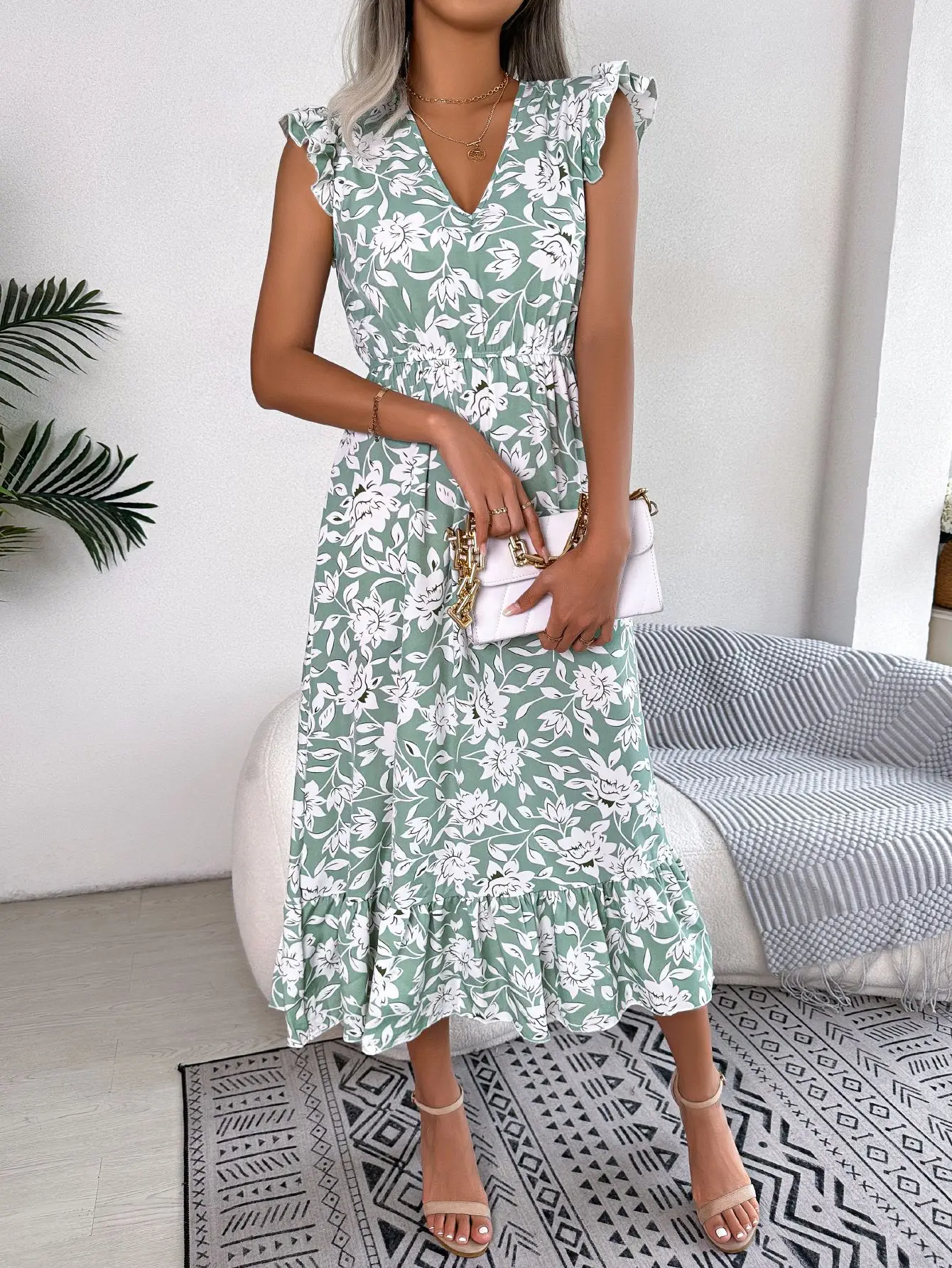 2024 New Blue Floral Print White Dresses Women Lace Hollow Out Long Dress Holiday Summer Bodycon Robe Elegant Ruffles Vestidos