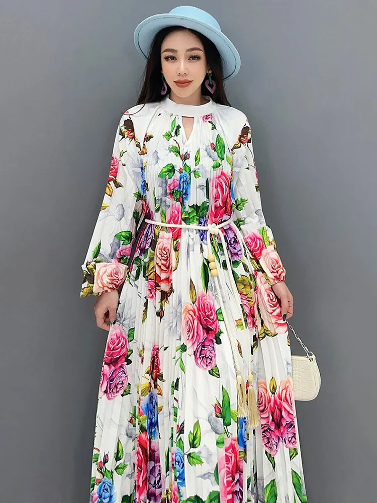 2024 New O-neck Full Sleeve Lace Up Elegance Printed Pleated Dress For Women Spring Waist A-line Vestido Robe 5R9406