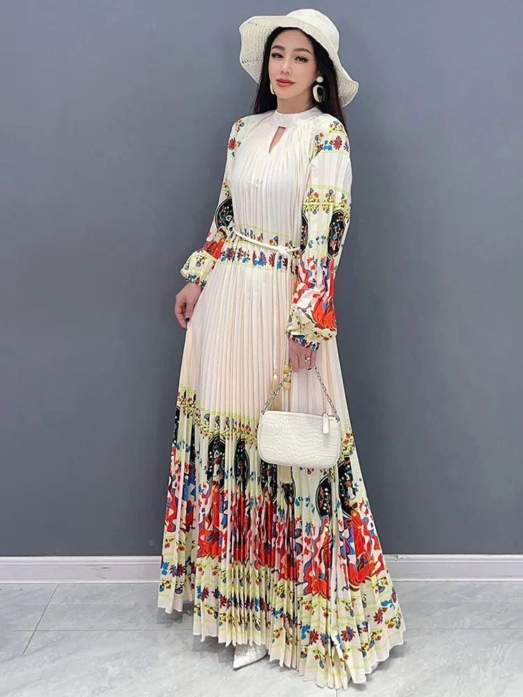 Printed Pleated Dress For Women Vintage Contrast Color Lantern Sleeve Lace Up Waist Vestido Spring 2024 New 5R9407