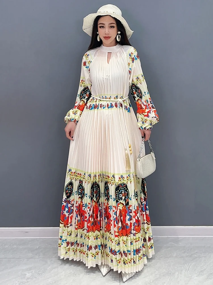 Printed Pleated Dress For Women Vintage Contrast Color Lantern Sleeve Lace Up Waist Vestido Spring 2024 New 5R9407