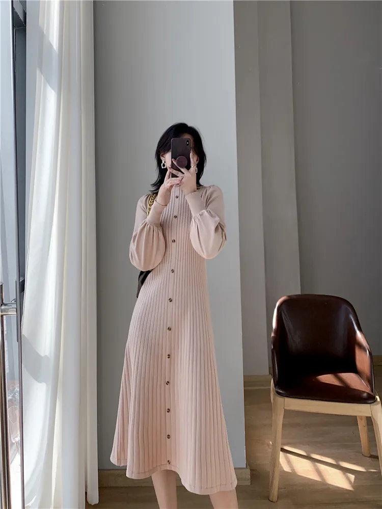 Winter Women Spring Elegant Midi Knitted Sweater Dress Autumn Female A-line Casual Clothes